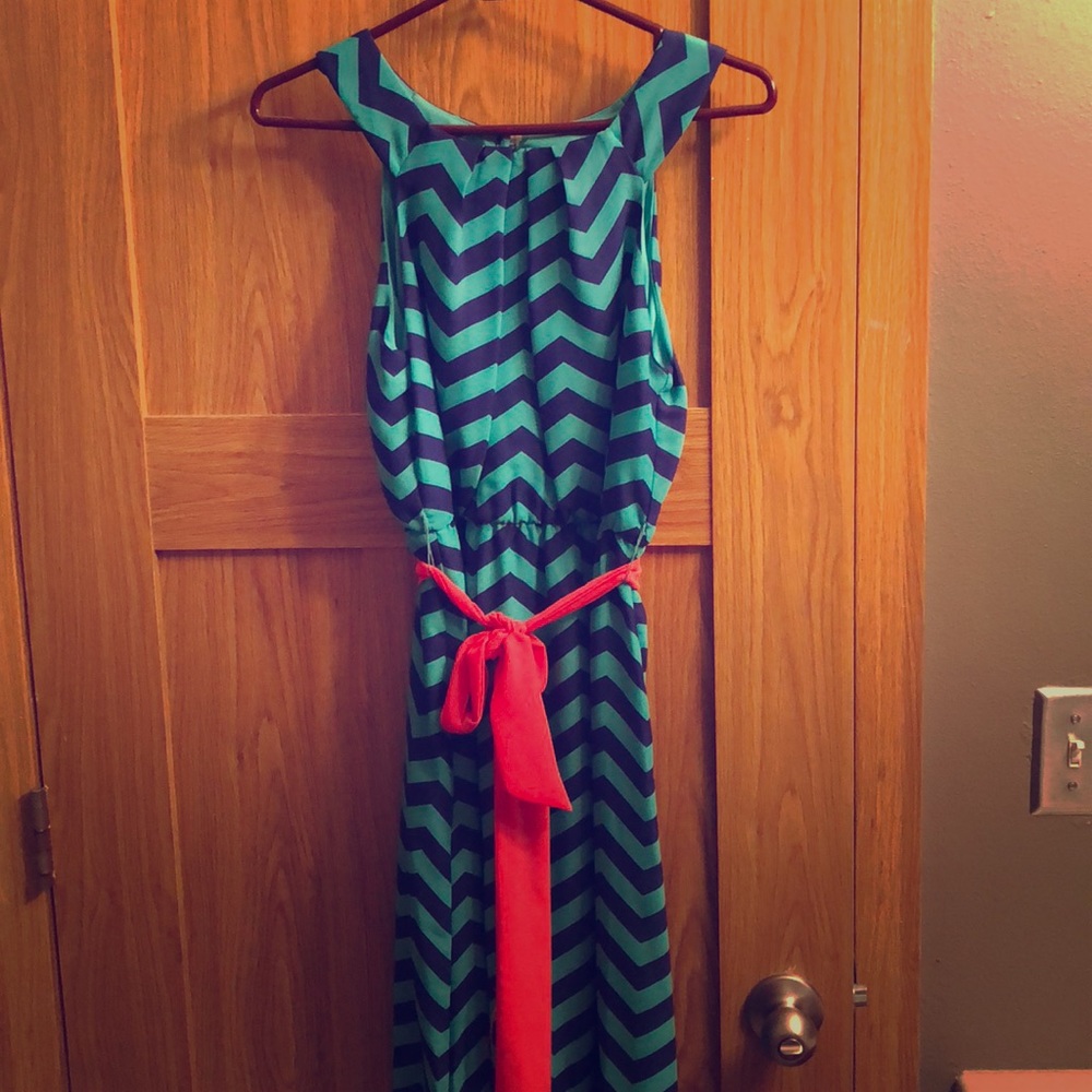 Like new turquoise & navy chevron maxi dress